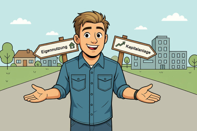 Illustration eines Mannes vor Straßenschildern „Eigennutzung“ und „Kapitalanlage“ – Entscheidungshilfe für Immobilieninvestoren
