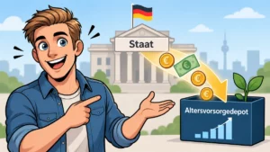 Illustration: Ein Mann zeigt begeistert auf Euro-Münzen, die vom Staat in ein wachsendes Altersvorsorgedepot fließen