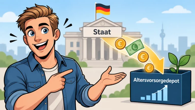 Illustration: Ein Mann zeigt begeistert auf Euro-Münzen, die vom Staat in ein wachsendes Altersvorsorgedepot fließen