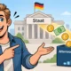 Illustration: Ein Mann zeigt begeistert auf Euro-Münzen, die vom Staat in ein wachsendes Altersvorsorgedepot fließen